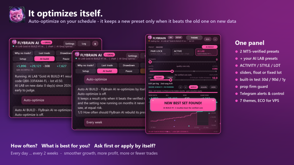 FlyBrain developer illustration of auto-optimize schedule, preset controls and new-candidate notification