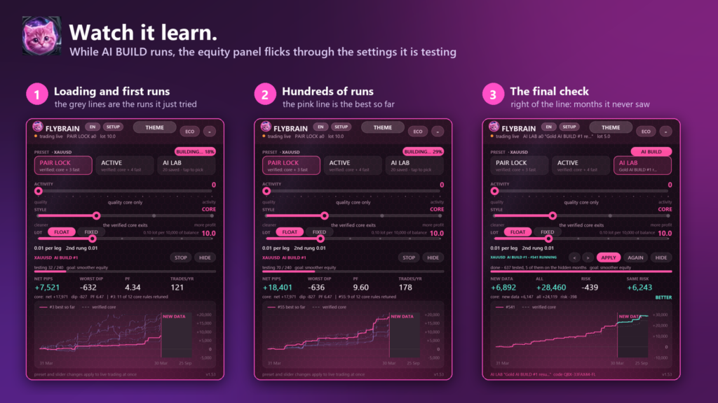 FlyBrain developer illustration of early candidate trials, best-so-far curve and final new-data test