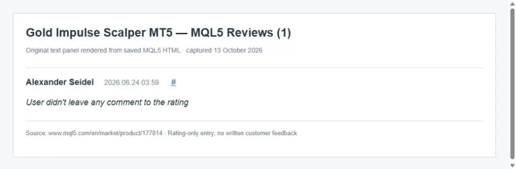 Saved original MQL5 Gold Impulse Scalper review panel for Alexander Seidel dated June 24 2026 with no written comment