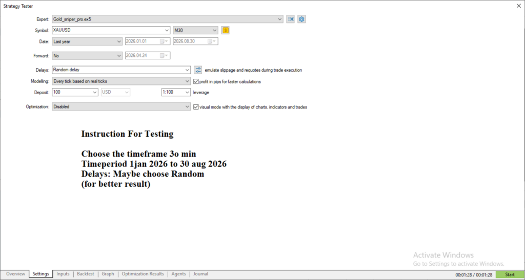 Gold Sniper XAUUSD M30 test with random delay and profit-in-pips calculation