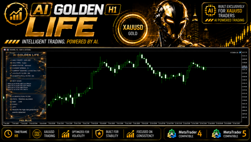Original AI Golden Life XAUUSD H1 interface showing upcoming news and geopolitical protection status