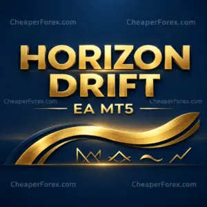 Horizon Drift EA MT5 navy and gold horizon promotional cover with CheaperForex.com watermarks
