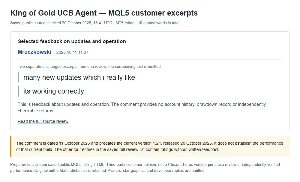 Selected dated MQL5 King of Gold UCB Agent customer excerpts about updates and operation, with current-version caveat