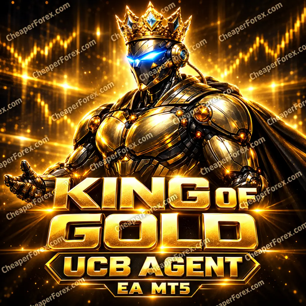 King of Gold UCB Agent EA MT5 promotional cover with a crowned gold robot, blue visor and repeated CheaperForex.com watermarks