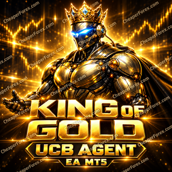 King of Gold UCB Agent EA MT5 promotional cover with a crowned gold robot, blue visor and repeated CheaperForex.com watermarks