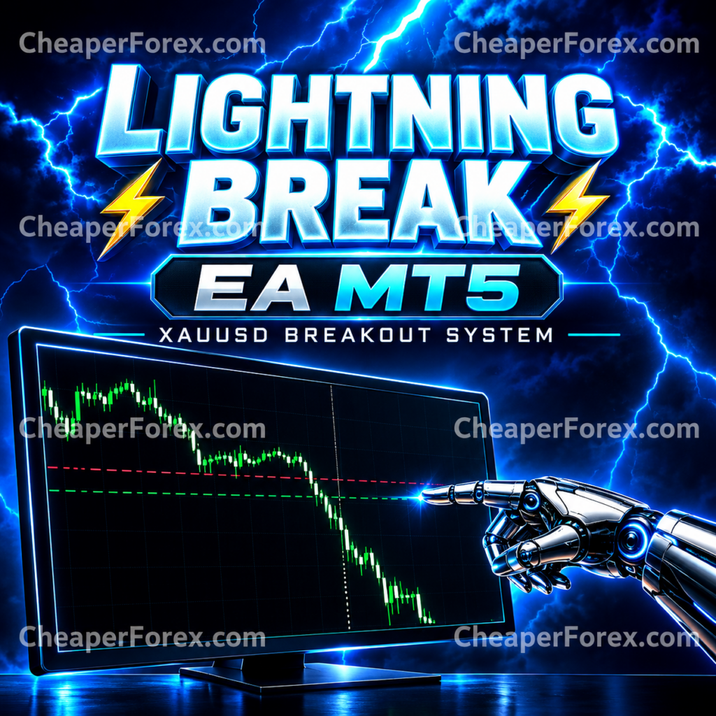 Lightning Break EA MT5 promotional cover with CheaperForex.com watermarks