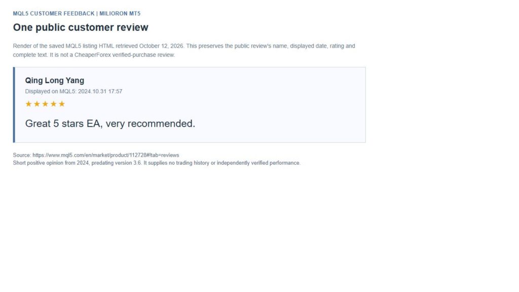 Saved MQL5 source-HTML render of Qing Long Yang's Milioron customer review dated October 31, 2024