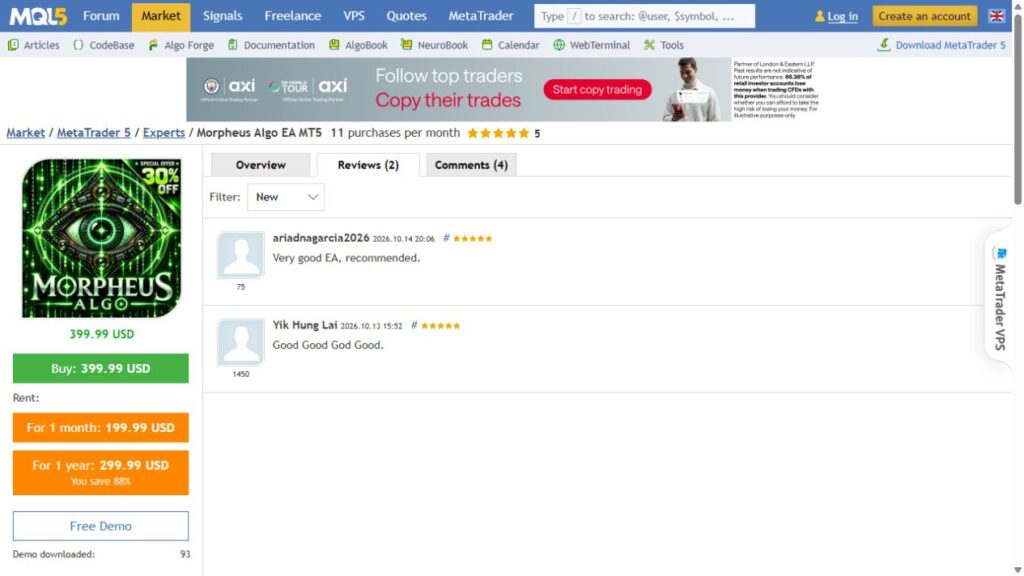 Genuine two brief favorable MQL5 Morpheus customer reviews dated October 13 and 14 2026