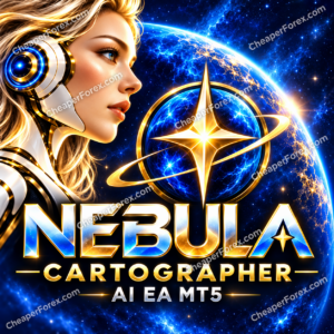 Nebula Cartographer AI EA MT5 blue and gold cartographer and planetary compass promotional cover with repeated CheaperForex.com watermarks