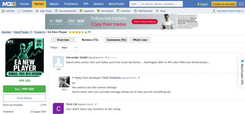 MQL5 EA New Player loss complaint and developer reply captured 8 October 2026