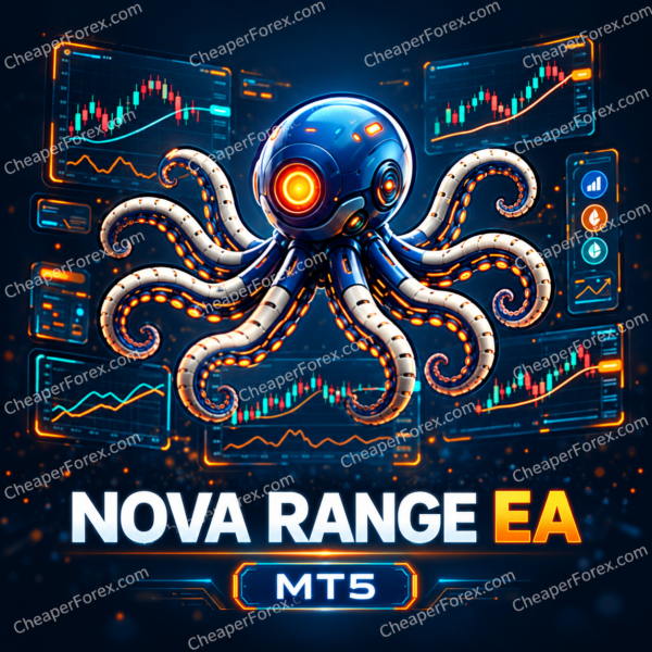 Nova Range EA MT5 promotional cover with a blue robotic octopus, orange sensors, trading displays and repeated CheaperForex.com watermarks