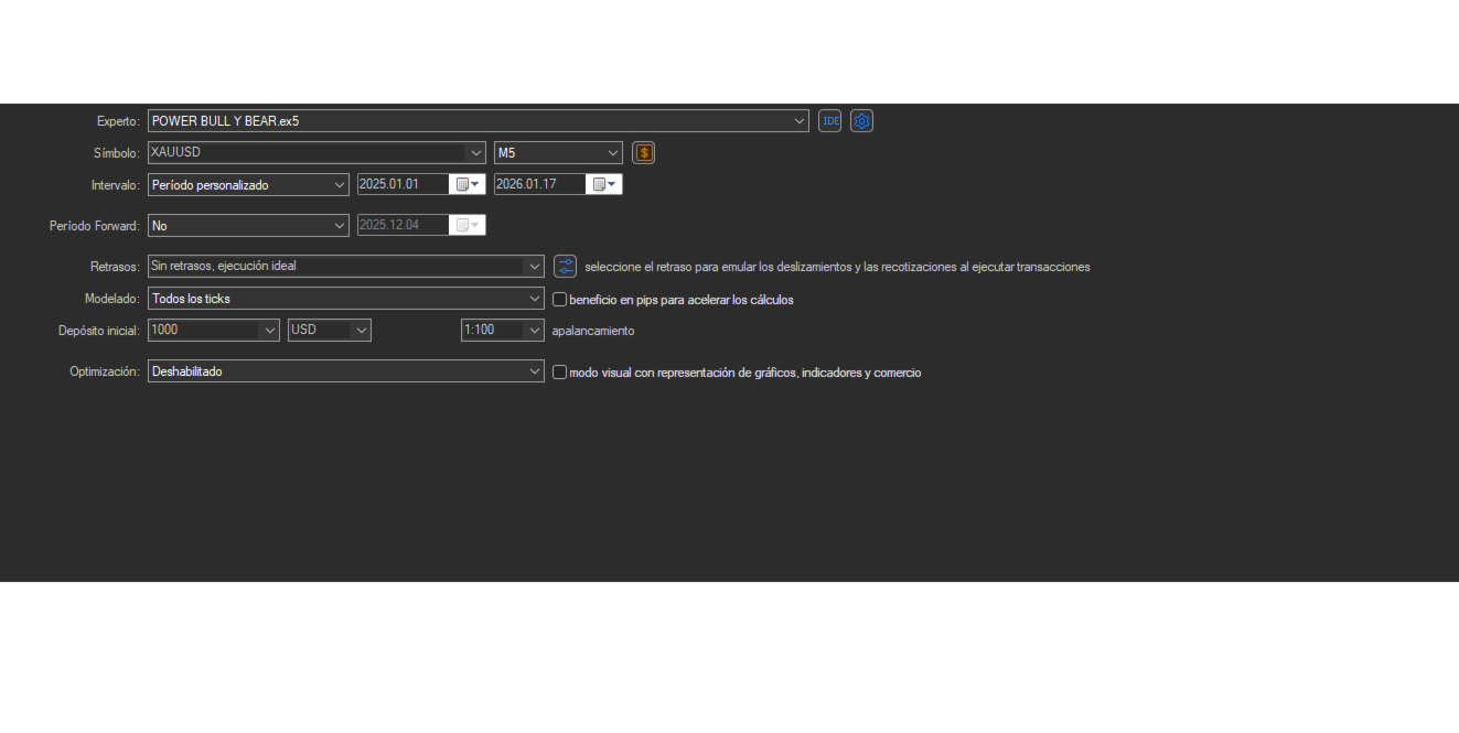 Power Bull y Bear XAUUSD M5 MT5 tester setup