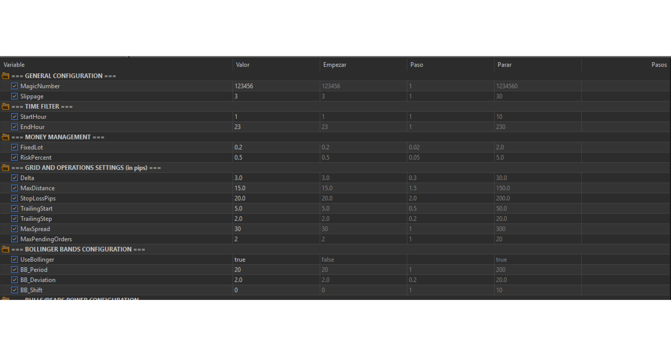 Power Bull y Bear fixed-lot and pending-grid input panel