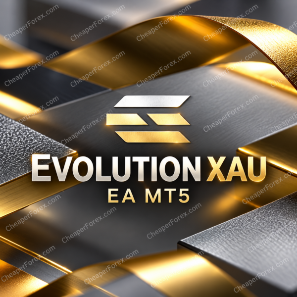 Evolution XAU EA MT5 promotional artwork with repeated CheaperForex.com watermarks
