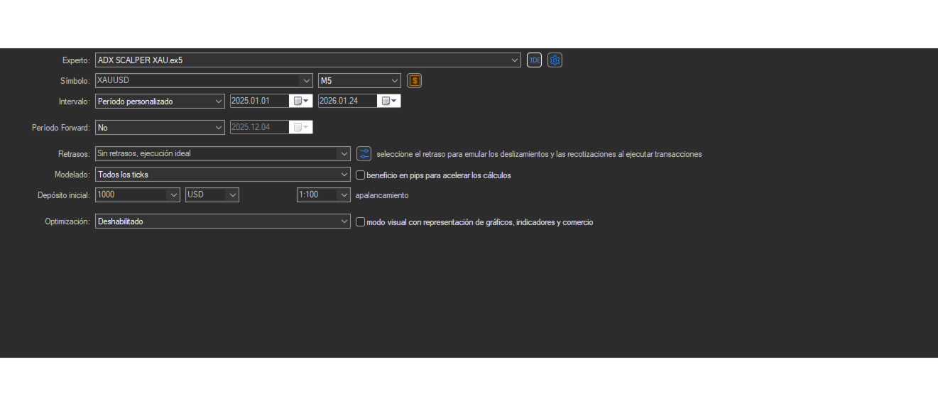 ADX Scalper XAU gold M5 tester setup