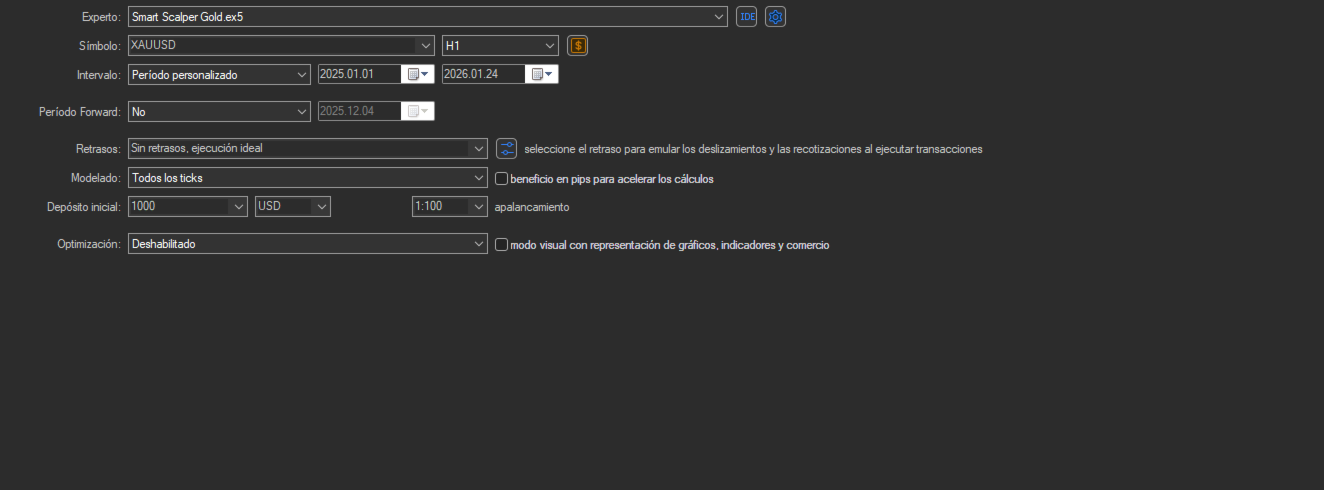 Smart Scalper GOLD MT5 gold H1 test configuration