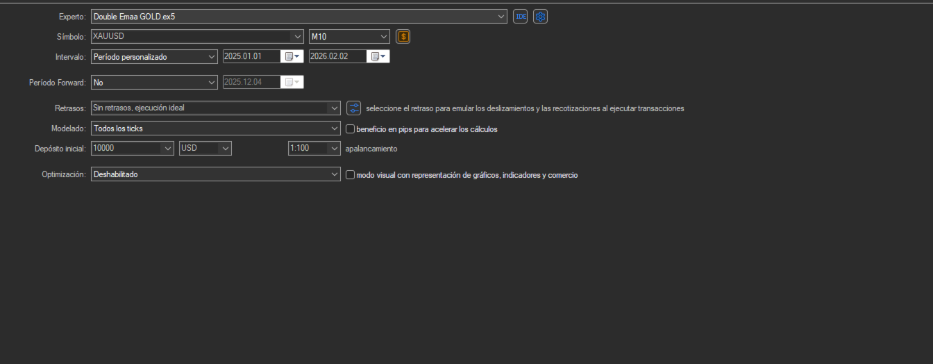 Double Ema GOLD gold M10 MT5 tester configuration