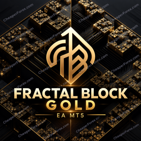 Fractal Block Gold EA MT5 promotional artwork with repeated CheaperForex.com watermarks
