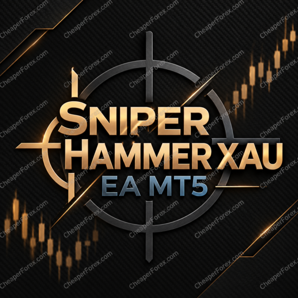 Sniper Hammer XAU EA MT5 promotional artwork with repeated CheaperForex.com watermarks