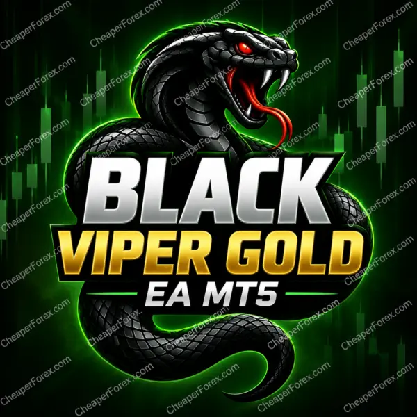 Black Viper Gold EA MT5 promotional artwork with repeated CheaperForex.com watermarks