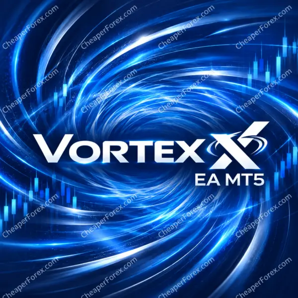 Vortex X EA MT5 promotional artwork with repeated CheaperForex.com watermarks