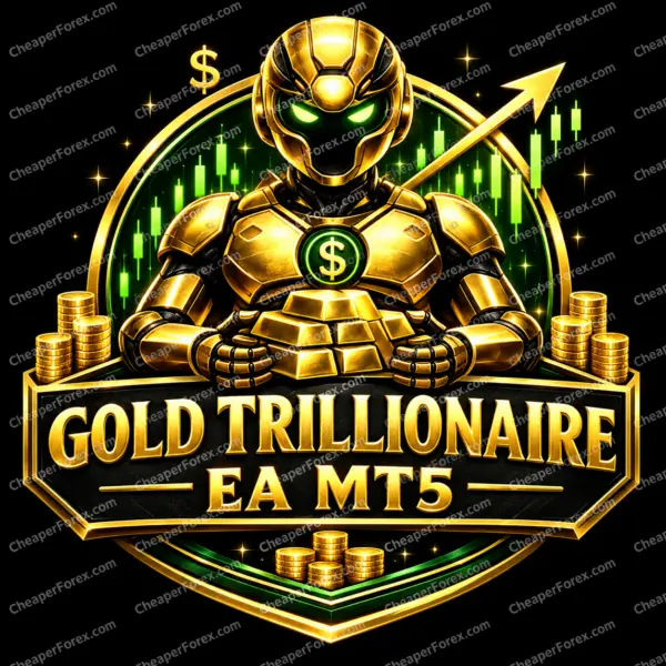 Gold Trillionaire EA MT5 promotional cover with repeated CheaperForex.com watermarks
