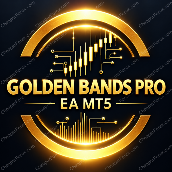 Golden Bands Pro EA MT5 promotional artwork with repeated CheaperForex.com watermarks