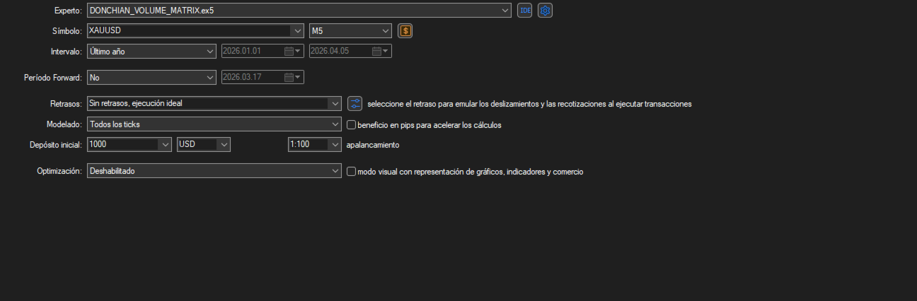 Donchain Matrix EA MT5 — Donchain Matrix MT5 tester setup, executable label DONCHIAN_VOLUME_MATRIX.ex5, on XAUUSD M5 from 1 January to 5 April 2026