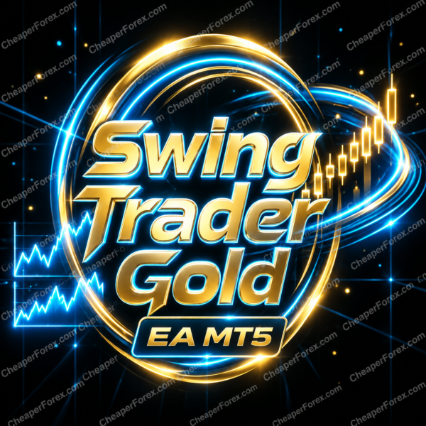 Swing Trader Gold EA MT5 promotional artwork with repeated CheaperForex.com watermarks