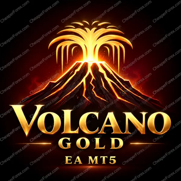 Volcano Gold EA MT5 promotional artwork with repeated CheaperForex.com watermarks