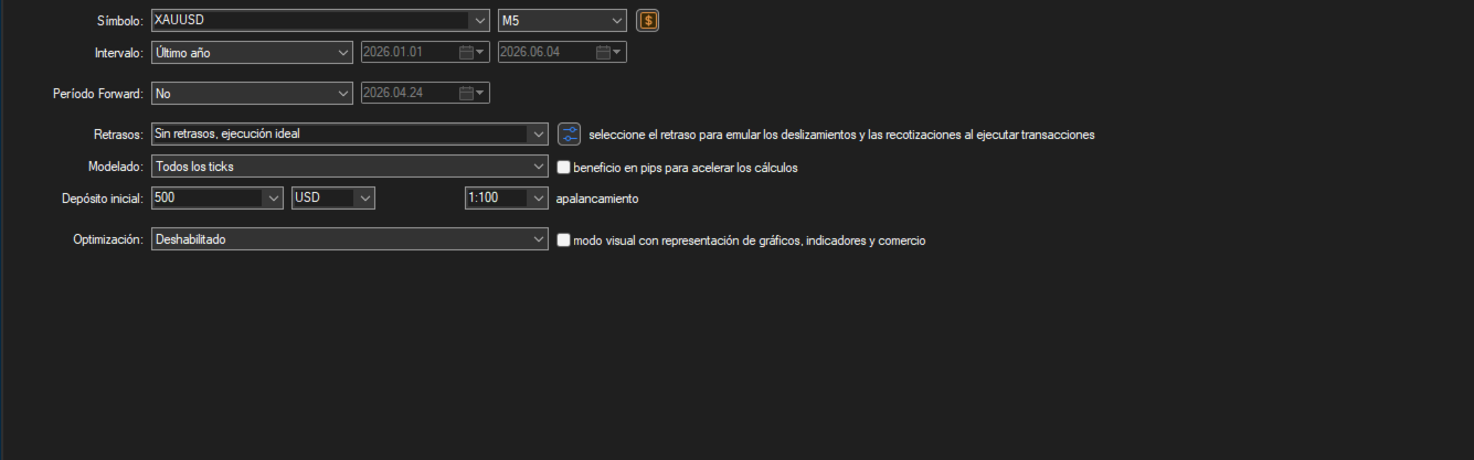 Zafari Scalper EA MT5 — Zafari Scalper gallery tester setup on XAUUSD M5, 1 January to 4 June 2026: $500 deposit, 1:100 leverage, all-ticks model and ideal execution without delay