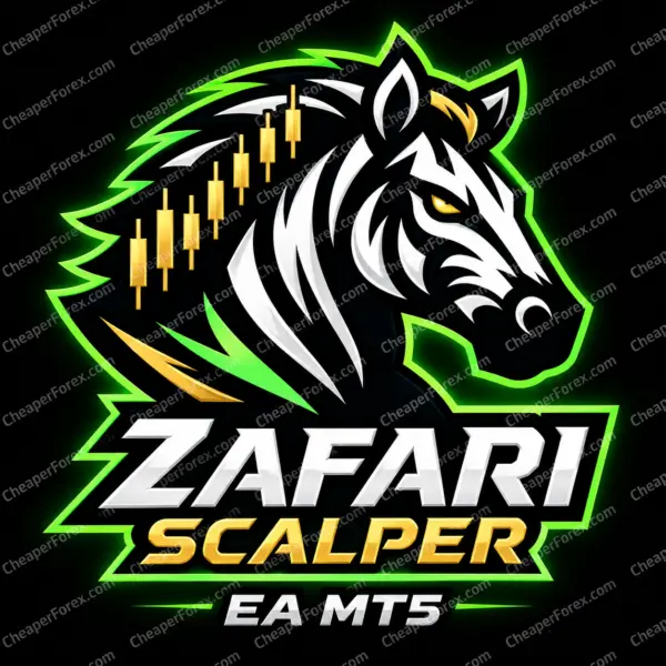 Zafari Scalper EA MT5 promotional artwork with repeated CheaperForex.com watermarks