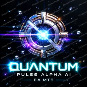 Quantum Pulse Alpha AI EA MT5 promotional artwork with repeated CheaperForex.com watermarks