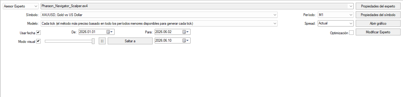 Pharaon Navigator Scalper EA MT4 — MT4 tester configuration for Pharaon_Navigator_Scalper.ex4 on XAUUSD M1, 1 January to 2 June 2026, every-tick model and current spread