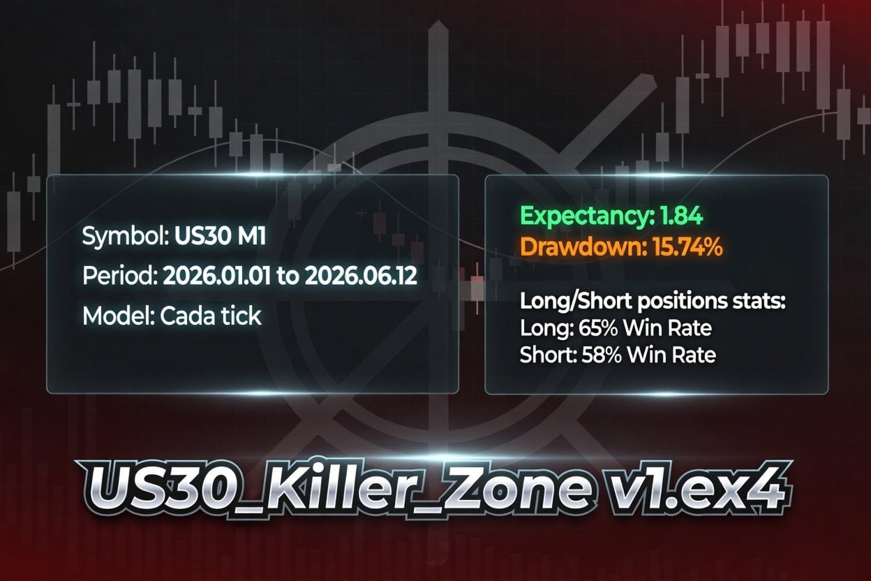 US30 Killer Zone EA MT4 — Developer-created US30 Killer Zone test graphic for US30 M1, 1 January to 12 June 2026, labeled US30_Killer_Zone v1.ex4