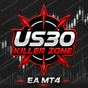 US30 Killer Zone EA MT4 promotional artwork with repeated CheaperForex.com watermarks