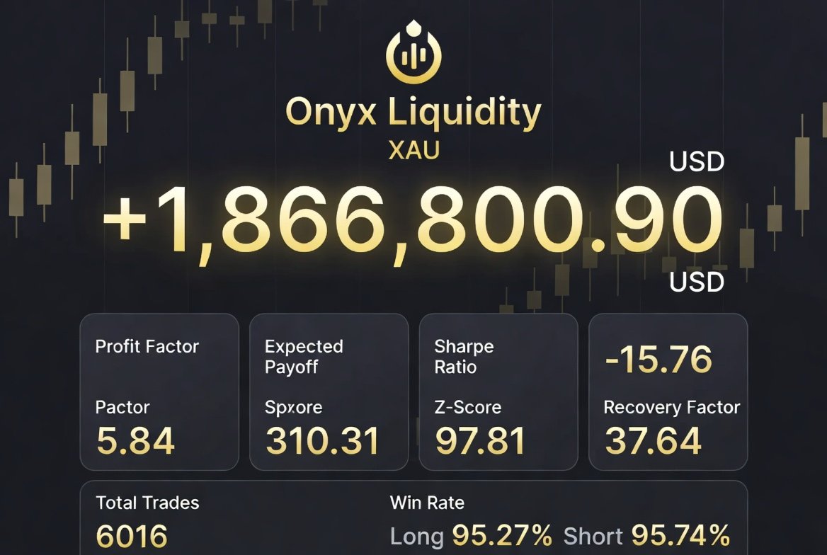 Onyx Liquidity XAU EA MT5 — Developer-created Onyx Liquidity Xau statistics graphic claims 6,016 trades and long/short win rates of 95.27%/95.74%