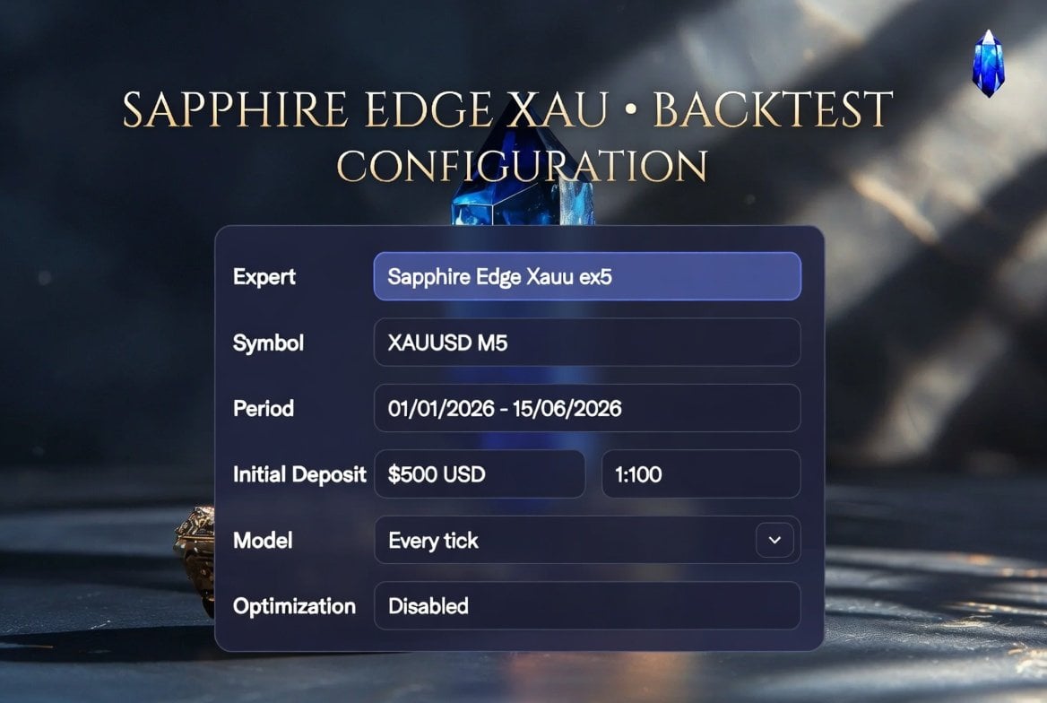 Sapphire Edge XAU EA MT5 — Developer-created Sapphire Edge Xau configuration graphic claims XAUUSD M5, 1 January to 15 June 2026, $500 deposit, 1:100 leverage and every-tick modeling