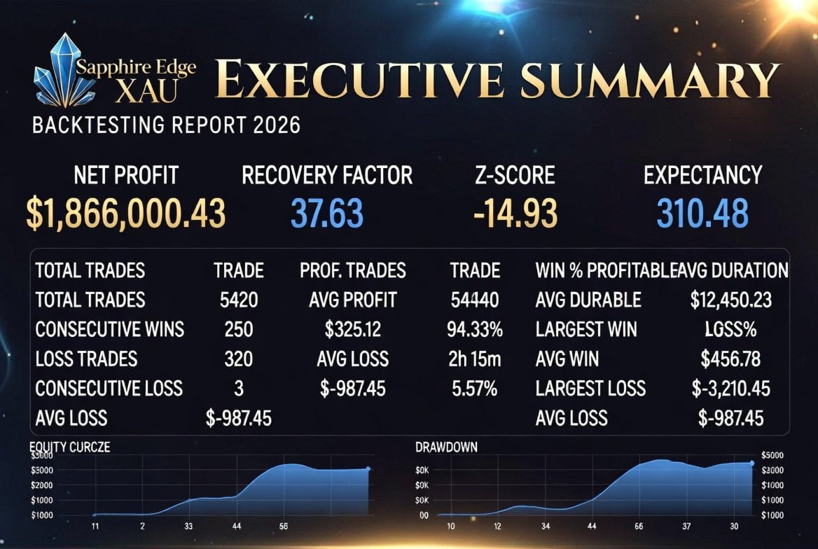 Sapphire Edge XAU EA MT5 — Developer-created Sapphire Edge Xau executive-summary graphic claims $1,866,000.43 net profit and has inconsistent trade counts and malformed labels