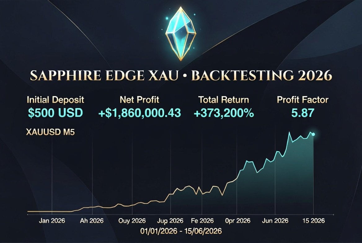 Sapphire Edge XAU EA MT5 — Developer-created Sapphire Edge Xau backtest graphic claims $1,860,000.43 net profit and profit factor 5.87