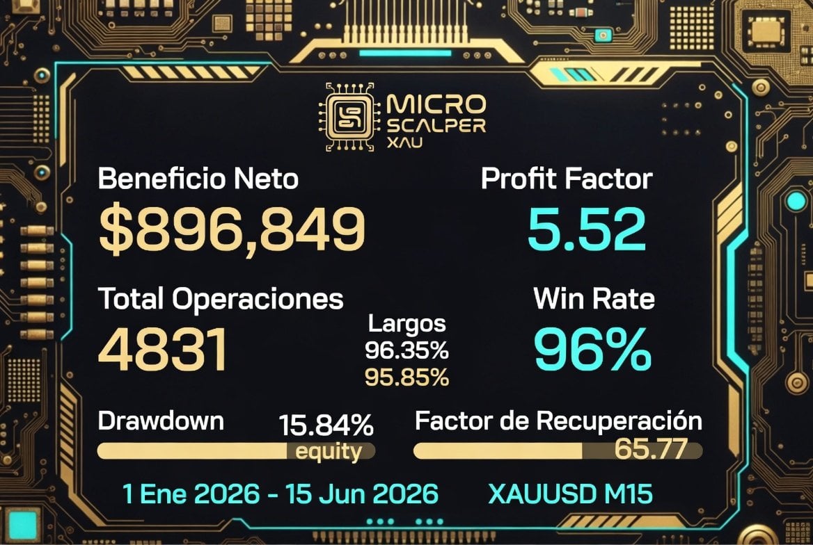 Micro Scalper XAU EA MT5 — Developer-created Micro Scalper Xau backtest summary for 1 January to 15 June 2026 on XAUUSD M15