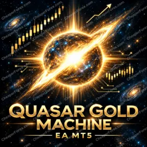 Quasar Gold Machine EA MT5 promotional artwork with repeated CheaperForex.com watermarks
