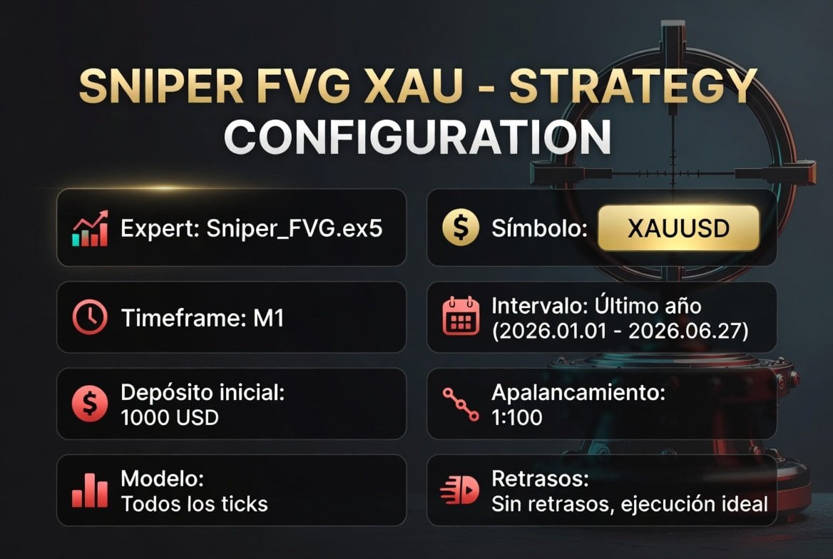 Sniper FVG EA MT5 — Developer-created Sniper FVG configuration graphic for XAUUSD M1, 1 January to 27 June 2026, $1,000 deposit and 1:100 leverage