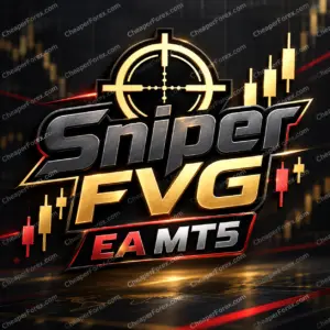 Sniper FVG EA MT5 promotional artwork with repeated CheaperForex.com watermarks