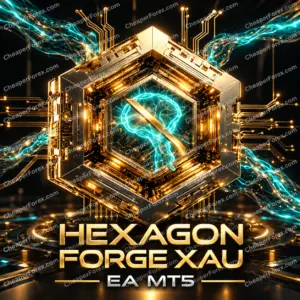 Hexagon Forge XAU EA MT5 promotional artwork with repeated CheaperForex.com watermarks