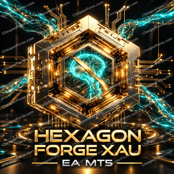 Hexagon Forge XAU EA MT5 promotional artwork with repeated CheaperForex.com watermarks