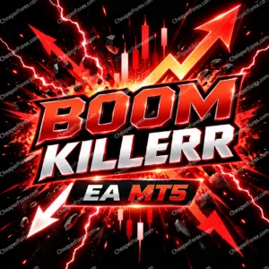 Boom Killerr EA MT5 promotional artwork with repeated CheaperForex.com watermarks
