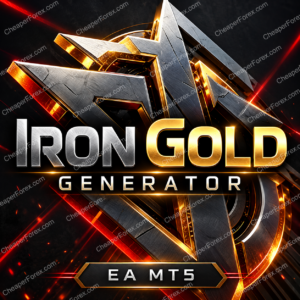 Iron Gold Generator EA MT5 promotional artwork with repeated CheaperForex.com watermarks
