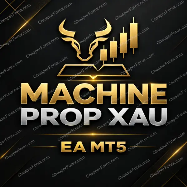 Machine Prop XAU EA MT5 promotional artwork with repeated CheaperForex.com watermarks