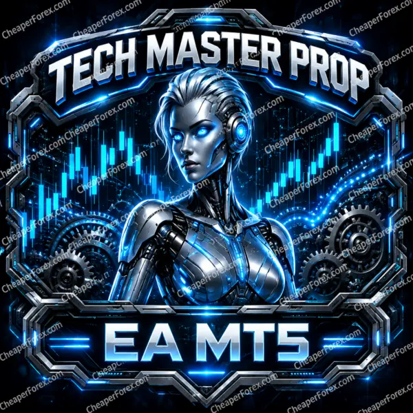 Tech Master Prop EA MT5 promotional artwork with repeated CheaperForex.com watermarks